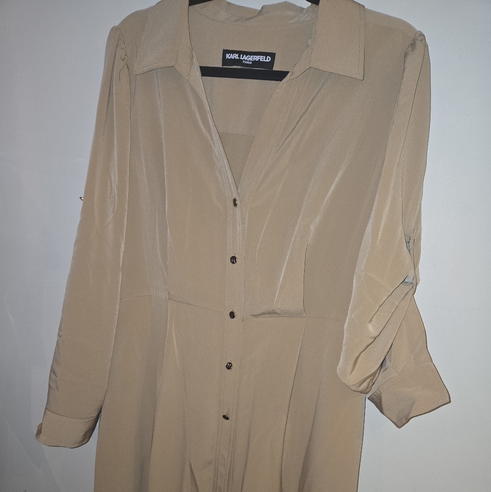 Karl Lagerfeld Tan Trench Coat with Belt and Wide Lapels